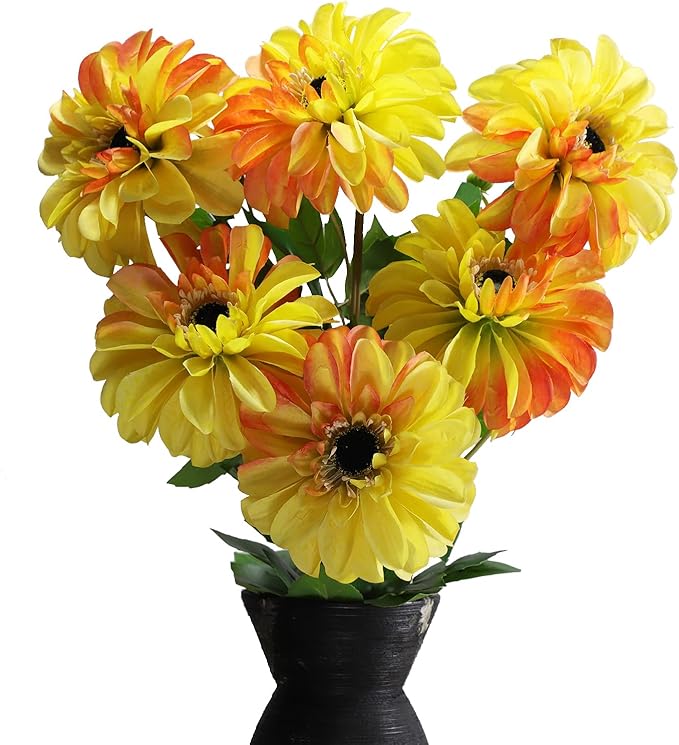 6 Pack Artificial Chrysanthemum Silk Flowers Zinnia Flowers,24'in Long Stem Fake Flower,Suitable for Wedding Decoration Bouquets,Fall Decor,Home Decor (Yellow-Orange Mix)