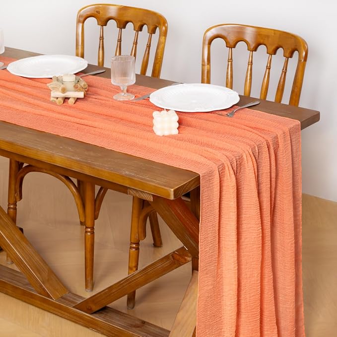 Socomi 3pcs Peach Orange Valentine's Day Gauze Cheesecloth Table Runner 120 Inch Rustic Boho Cheese Cloth Runner for Wedding Party Baby Bridal Shower Centerpiece Decoration Holiday Home Decorations