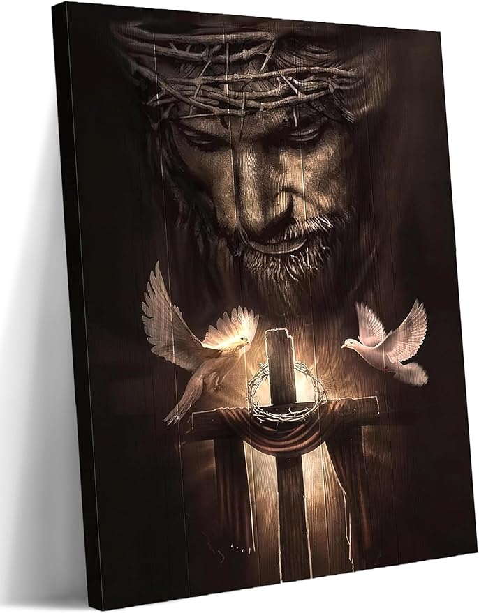 Eysintum Christian Framed Canvas Wall Art Jesus Christ Cross and Doves Religious Home Decor for Church, Prayer Room, Living Room, Office, Hospitals – Ready to Hang 12x16in