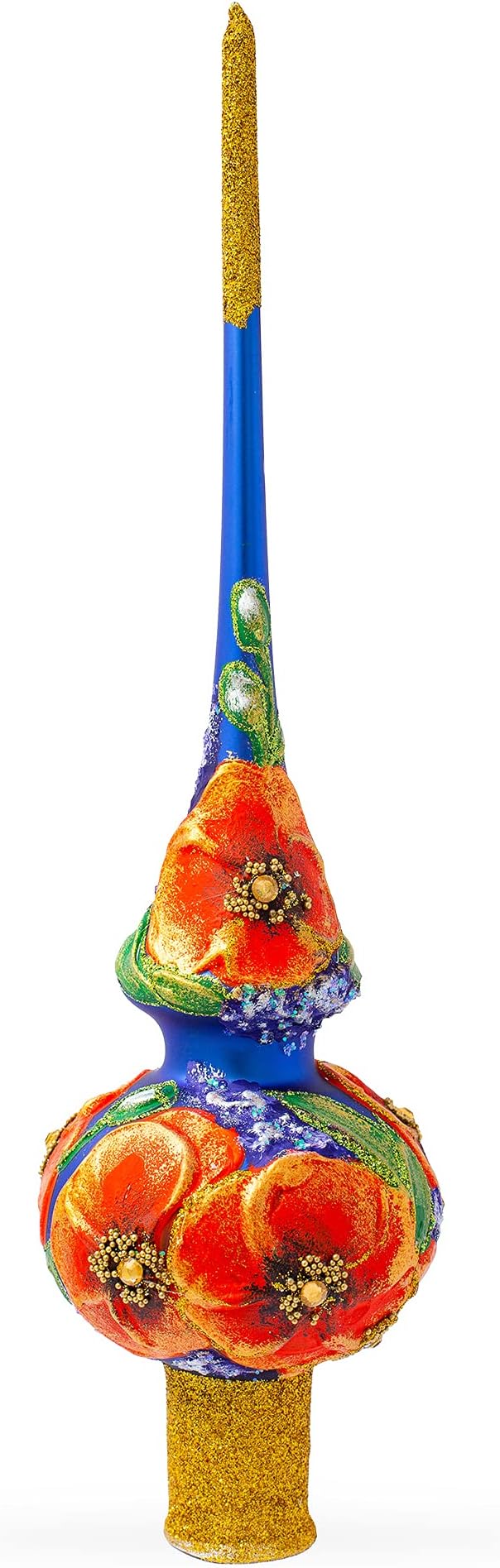 Poppy Flowers on Blue Glass Christmas Tree Topper 11 Inches