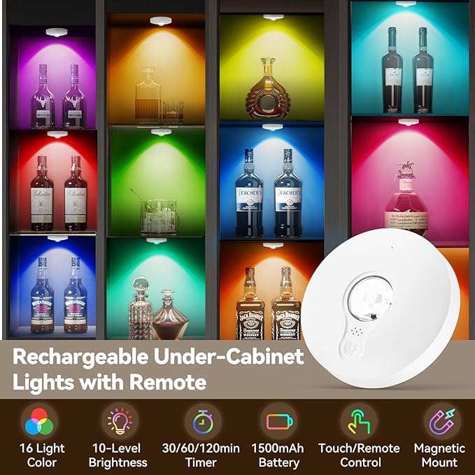 Rechargeable Puck Lights with Remote, 12 Pack Magnetic Under Cabinet Lighting, 1500mAh Battery Operated LED Tap Lights with Dimmer & Timmer for Kitchen, Closet, Shelf - 3 Color Temps & 12 RGB, White