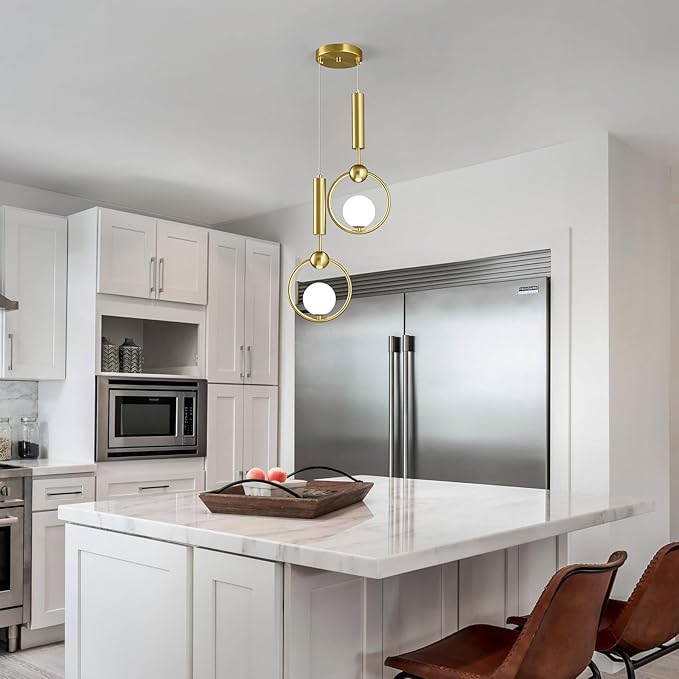Modern Globe Glass Pendant Light fixtures 2-Light, Simplicity Gold Pendant Lighting, Mid Century Chandelier for Kitchen Island Dining Room Bedroom Entryway Hallway