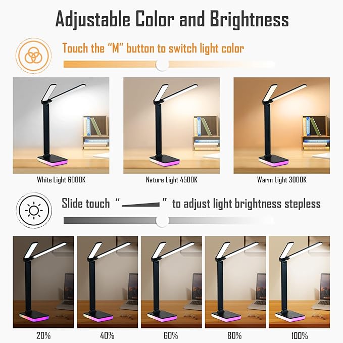 LED Double Head Desk Lamp with RGB Atmosphere Light, 5W USB Output, 5 Color Temp, Slide Steplessly Adjust Brightness, Touch Control, Foldable Table Light with Adapter (Black)