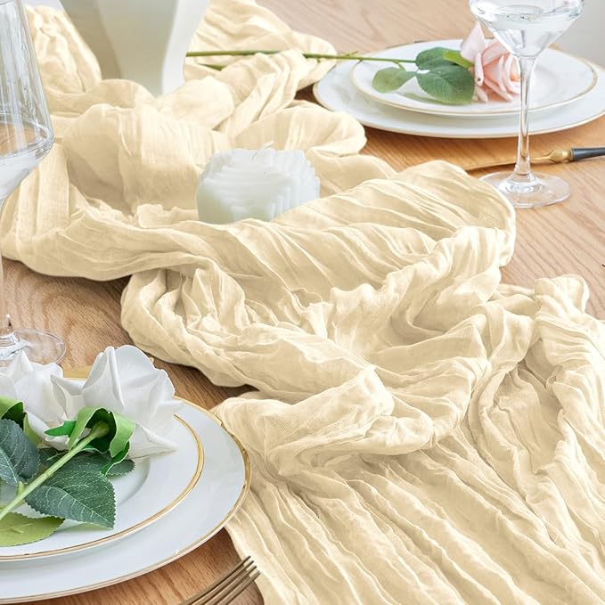 2PCS Table Runner Cheesecloth 10FT Beige Boho Gauze Cheese Cloth Rustic Sheer Table Runners for Wedding Bridal Baby Shower Party Decoration