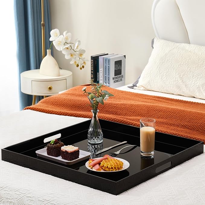 22×22 inches Oversized Black Acrylic Ottoman Tray Extra Large Decorative Tray Spill-Proof Serving Trays with Handles King-Size Safe Edge Organizer for Coffee Table Countertop Breakfast