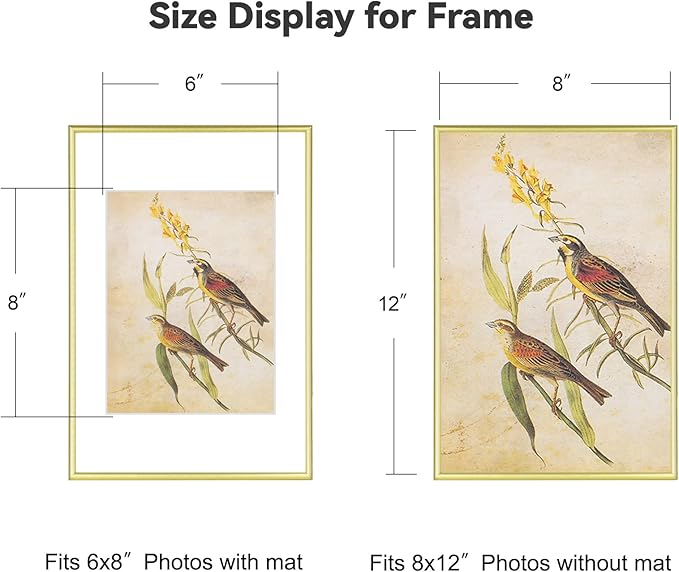 8x12 Picture Frame Set of 3, Matte Gold Modern Thin Aluminum Metal Photo Frame with HD Glass, Fits 6x8 with Mat or 8 x 12 without Mat, for Tabletop and Wall Mounting