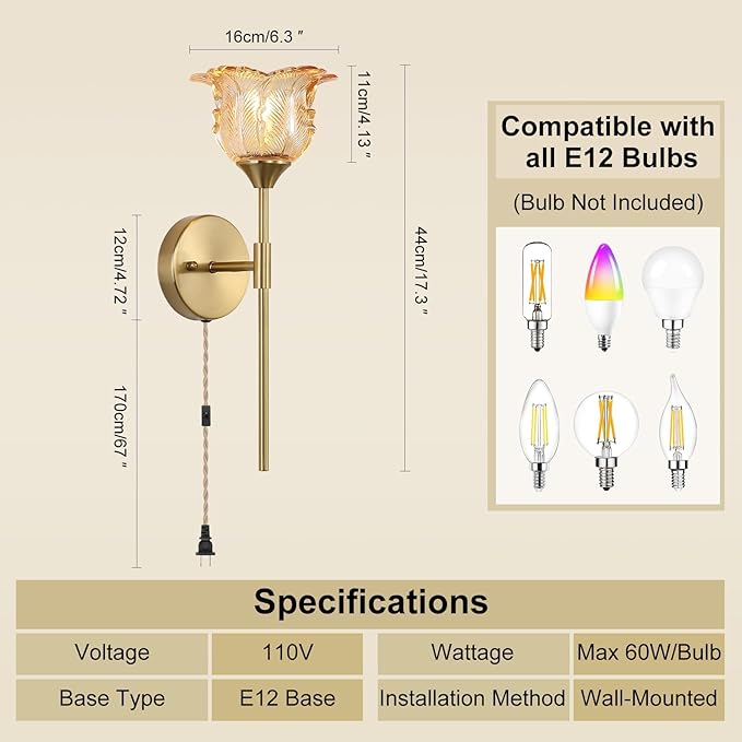 Plug in Gold Wall Sconce Set of 2 with Amber Glass Shades, Modern Mid Century Bathroom Vanity, Wall Light Fixtures, Brushed Brass Wall Lamp, for Bedroom Mirror Living Room, ETL Listed