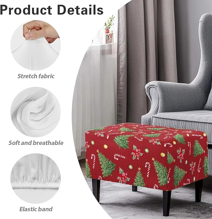 Ottoman Cover Rectangular Christmas Tree Candy Cane Stretch Ottoman Slipcovers Nonslip Storage Footrest Stool Cover Easy Install Furniture Protector for Foot Stool Decor Size L