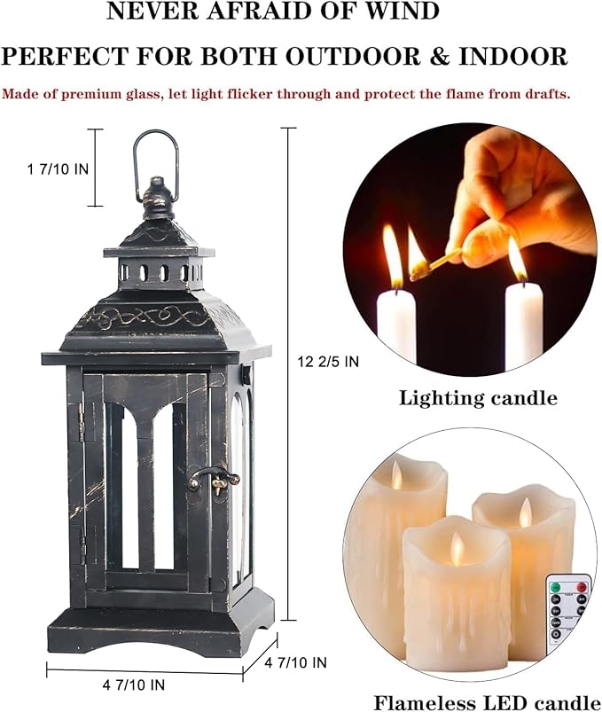 DECORKEY Candle Lantern Decorative Indoor & Outdoor, Christmas Vintage Metal Hanging Lanterns Decor for Front Porch Home Patio Wedding Party, Halloween Decorations (Black with Copper Brush)