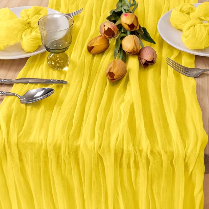 MLMC Yellow Table Runner 10ft Rustic Spring Cheesecloth Table Runner Gauze Cheese Cloth Centerpiece Decororations 35x120 Inches for Easter Wedding Baby Shower Outdoor Picninc Decor