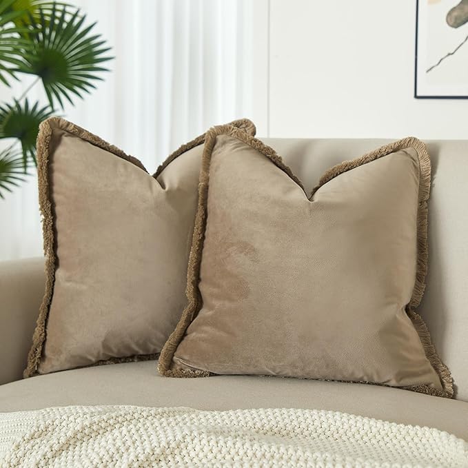 JUSPURBET Pack of 2 Stone Decorative Fringe Velvet Throw Pillow Covers 16x16 for Home Decor Living Room Bedroom Car Boho Soft Cushion Cover with Hidden Zipper Machine Washable