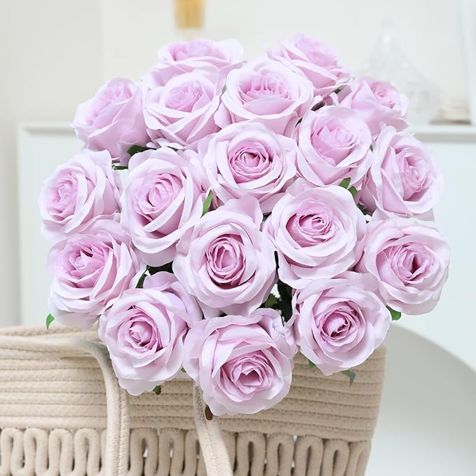 Nubry Artificial Silk Rose Flower Bouquet Lifelike Fake Rose for Wedding Home Party Decoration Event Gift 10pcs (Pale Purple)