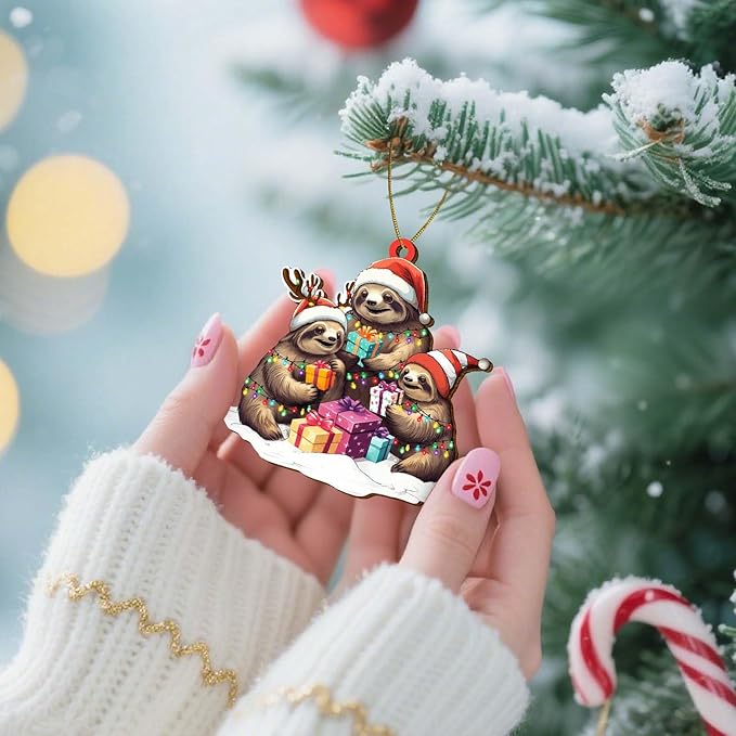 2-Sided Printed Sloth Family Wooden Christmas Ornament, Keepsake for Women, Men & Friends, Cute Sloth Christmas Tree Decoration