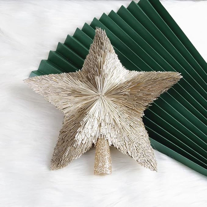 Elegant Christmas Star Tree Topper - Unique Champagne Gold Stars - Shatterproof Handmade Tree Top - Tinsel Decorations - Holiday Decor - Xmas Gift Christmas Ornaments - Toppers for Christmas Tree (8″)