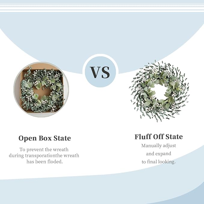Bibelot Greenery Leaves Boxwood Wreath for Front Door, 22 Inch Green Wreath with White Berries & Lambs Ear, All Season Wreaths for Indoor Outdoor Home Decor