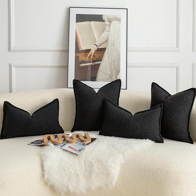 MANDIOO Pack of 2 Decorative Throw Pillow Covers Accent Solid Woven Textured Cushion Covers Pillow Cases Bedroom Living Room Sofa Home 16 x 16 lnch Black
