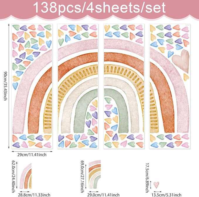 Large Rainbow Wall Decals, Peel and Stick Watercolor Pink Rainbow Wall Stickers, Multicolor Colorful Hearts Wall Decor for Girls Bedroom Nursery Classroom Playroom Living Room