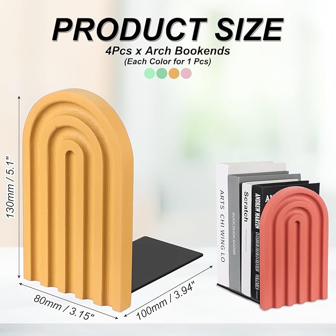 PATIKIL 4Pcs Boho Arch Bookends, Non-Skid Wood Book Ends Rainbow Wooden for Shelves Book Stopper Stand Cute for Holding Books Movie Home Office Library Decorative, Yellow/Pink/Green/Cyan