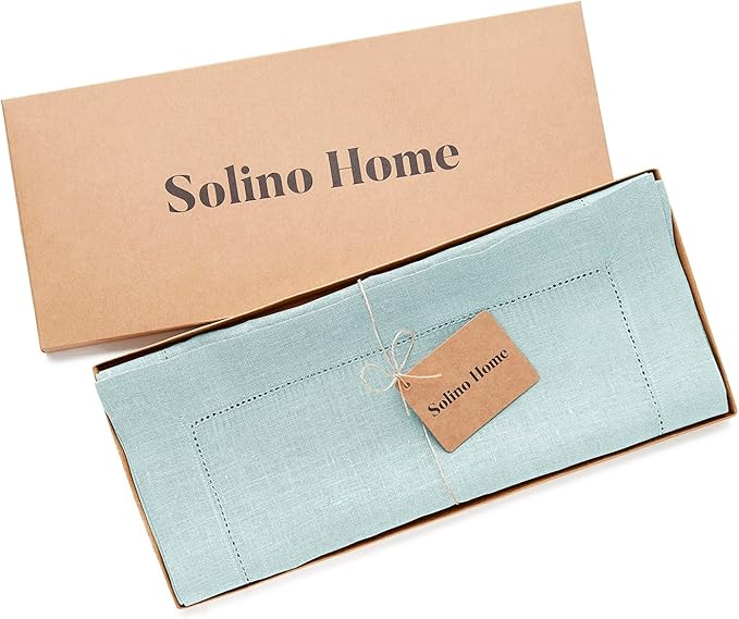 Solino Home Linen Aqua Blue Table Runner 60 Inches - Classic Hemstitch, 100% Pure Linen Coffee Table Runner 14 x 60 Inch Ideal for Dresser Tables - Winter, Spring, Easter