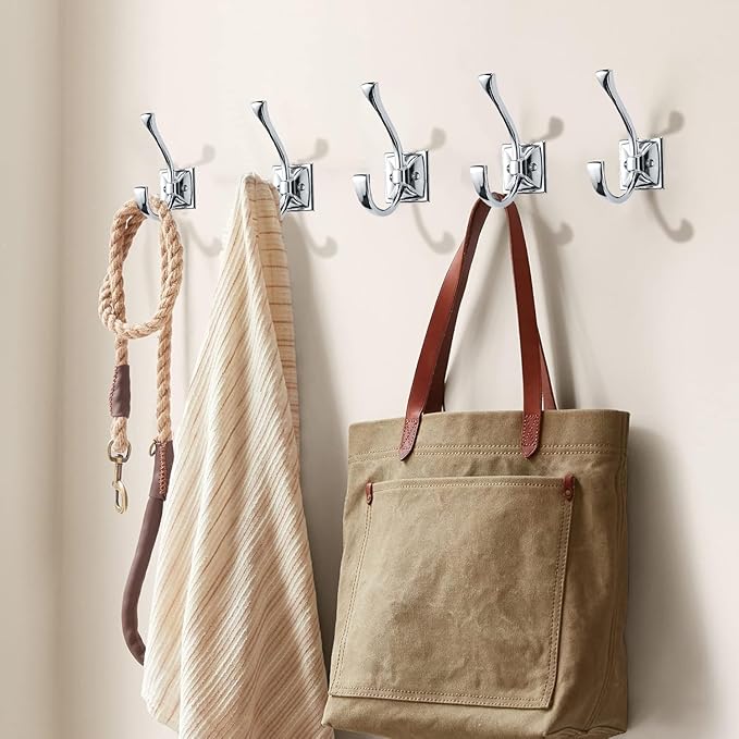 Large Wall Hooks - 2 Pack Polished Chrome Coat Hooks for Hanging Coats, Towels, Robes - 4.35 Inch Double Wall Mounted with Screws for Keys, Bags, Cups, Hats
