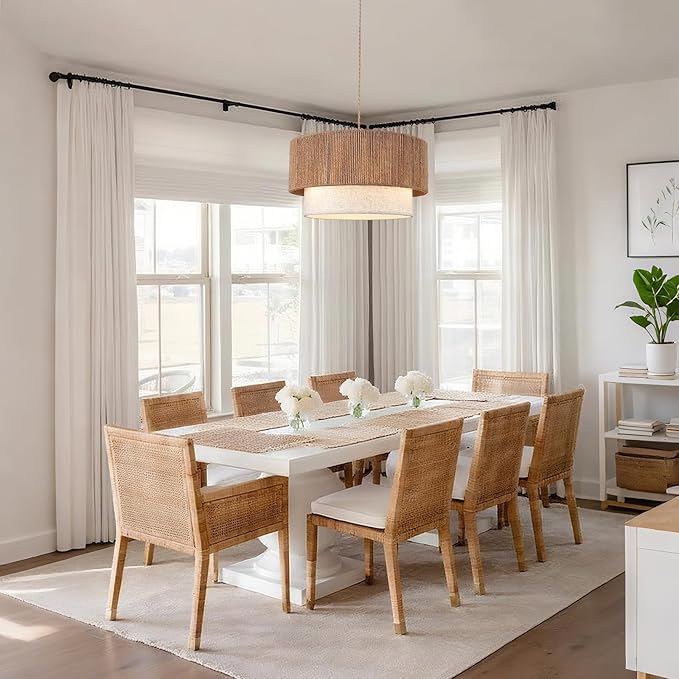 Plug in Pendant Light, 18" Rattan Plug in Chandelier with Fabric Shade, E26 On/Off Switch, Plug in Hanging Pendant Light for Dining Room Living Room Kitchen Foyer