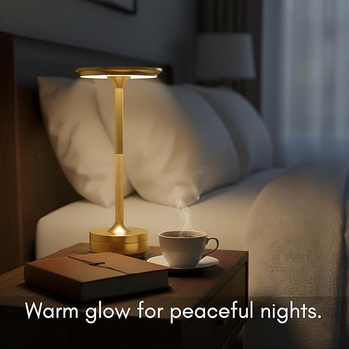 Sadeh Mocha Rechargeable Touch Table Lamp – 110 Hours Battery Life, USB-C Charging, Premium Anodized Metal, 3 Dimming & Color Options, Ideal for Bedroom & Office