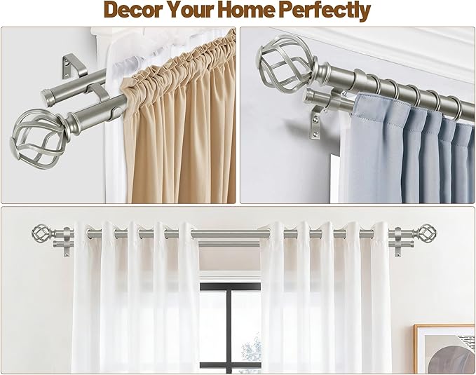 KAMANINA 1 Inch Double Curtain Rods 66 to 120 Inches (5.5-10 Feet) Telescoping Heavy Duty Drapery Rod for Windows 54 to 115 with Twisted Cage Finials, Antique Silver