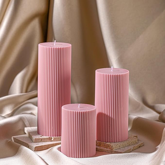 Ribbed Pillar Candles Set of 3, Width 3" High 4" 6" 8" Large Soy Wax Orchids Scented Pillar Candles Aesthetic Ribbed Modern Home Decor for Bathroom Living Room(Pink)