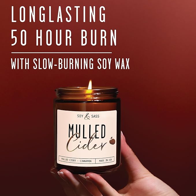 Mulled Cider Candle, Fall Candles I Apple Cider Candle w/Cinnamon & Nutmeg - Infused w/Essential Oils I Mulled Cider Fall Scented Candles (Soy) for Home I 9oz Reusable Jar I 50Hr Burn I Made in USA