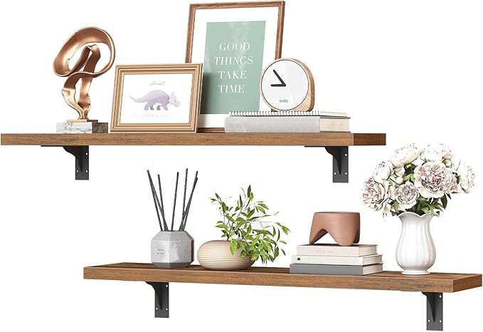 HOOBRO Floating Shelves for Wall, 23.6" Wall Mounted Shelves Set of 2, Hanging Storage Shelf with Metal Brackets, Wooden Shelf for Living Room, Bedroom, Bathroom, Rustic Brown and Black BF62BJP201G1