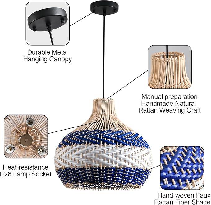 3-Light Rattan Pendant Light 15" Hand-Woven Blue White Wicker Basket Chandelier1-Pack Boho Faux Rattan Hanging Light,for Living Room Bedroom Kitchen Hallway Dining Farmhouse