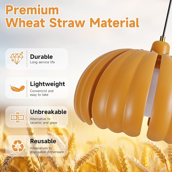 Mid Century Modern Pendant Light Fixture, 14.5 inch Pumpkin Orange Ceiling Light with Wheat Straw Material Shape, Semi Flush Mount Ceiling Lamp for Kitchen Island, Dining Table, Hallway Lighting