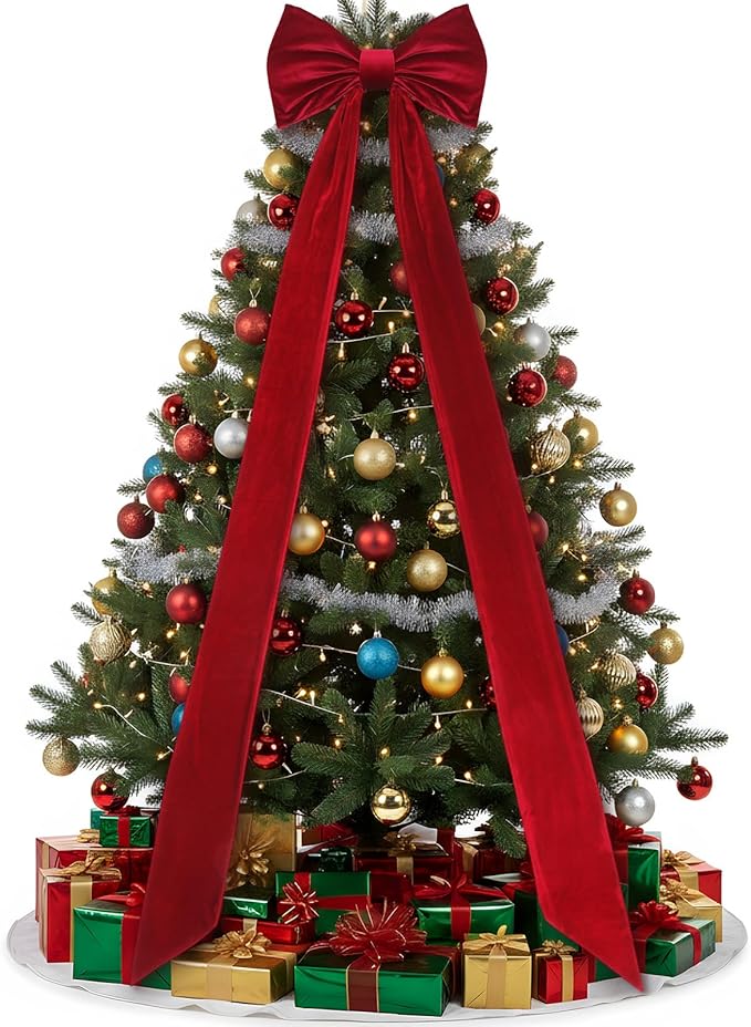 Christmas Tree Topper Bow 90x18 Inch Giant Large Velvet Bow with Long Streamers Huge Decorative Wrapping Gift Decor for Xmas Tree Front Door Patio Outdoor Wedding Arch(Burgundy)
