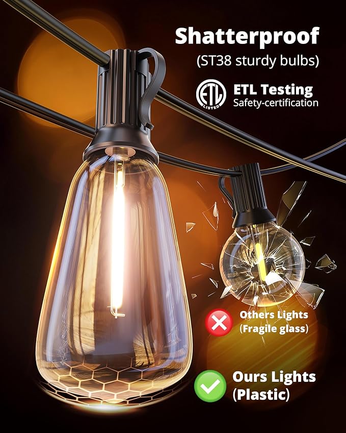 VIPAR LED Outdoor String Lights, 100FT Patio Lights with 32 Edison Shatterproof Bulbs, IPX5 Waterproof Outside Hanging Light Connectable for Backyard Porch Balcony Garden Deck Decor, E12 Base, Black