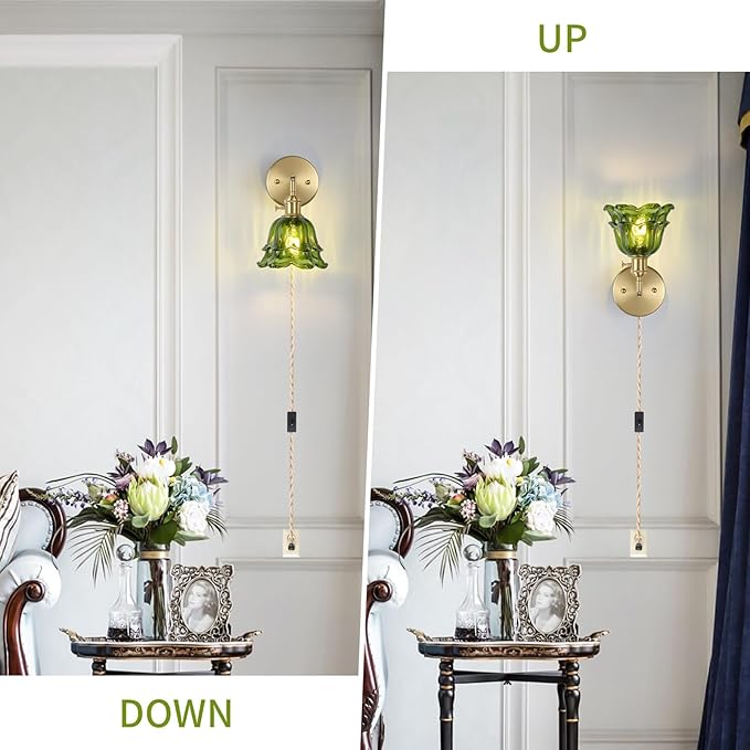 Vintage Plug in Wall Sconces Set of 2, Rose Green Lampshade & 180 Degree Adjustable, Brass Wall Lights, for Bedroom Living Room Hallway Aisle, Bulbs Not Included, ETL Listed