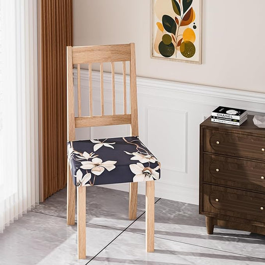 Stretch Dining Chair Seat Covers Set of 6,Dining Chair Slipcovers, Floral Printed Chair Covers,Soft Fabric Washable Upholstered Chair Seat Protector, No Rear Covers for Home Kitchen Dining Room