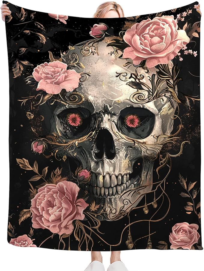 Tijuboni Skull Roses Throw Blanket Skull Gifts for Girls Boys Women Men Kids Adults Soft Flannel Fleece Blanket for Couch Sofa Bed Home Decor 60"x80"