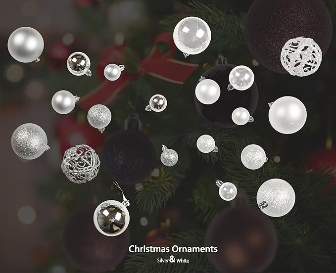 100 Silver and White Christmas Ornament Balls Shatterproof + 100 Metal Ornament Hooks, Hanging Ornaments for Indoor/Outdoor Xmas Christmas Tree, Holiday Party Home Décor 1.2" 1.6" & 2.4"