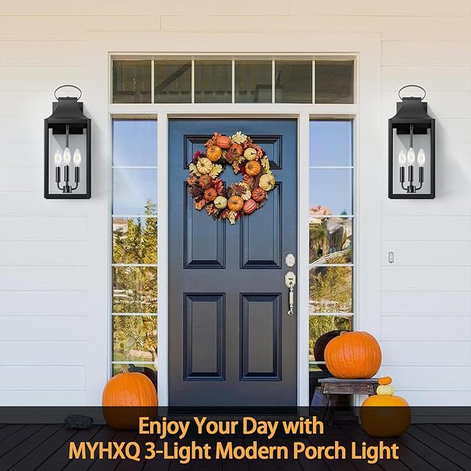20" Extra Large Dusk to Dawn Outdoor Wall Light, Black Exterior Lighting Fixtures with 3-Light, Waterproof Wall Mount Porch Lantern, Modern Outside Wall Sconce Garage Coach Light, E12, 1 Pack