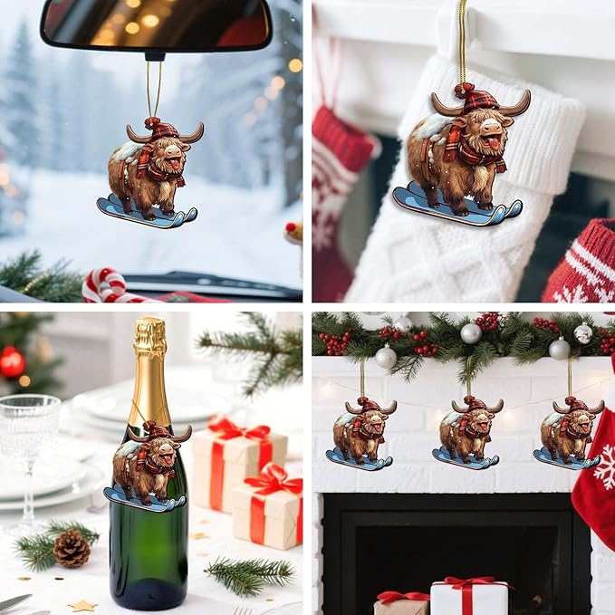 Santa Cow Christmas Tree Keepsake Ornaments, Funny Highland Cow Themed 2 Side Printed Flat Wooden Ornament, Xmas Hanging Decor