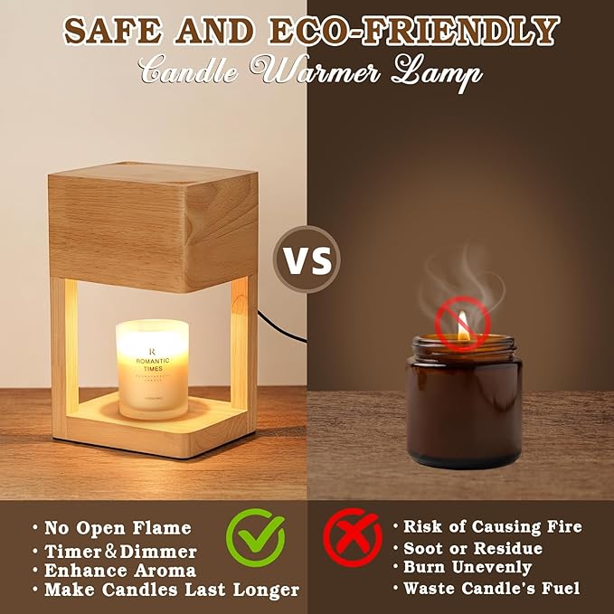 Candle Warmer Lamp Wood with Timer, Dimmable Electric Candle Lamp Warmer for Jar Candles, 2 * 35 Watt Bulb, Birthday Gifts for Mom, Decorative Wooden Candle Lamp for Bedroom Home Decor