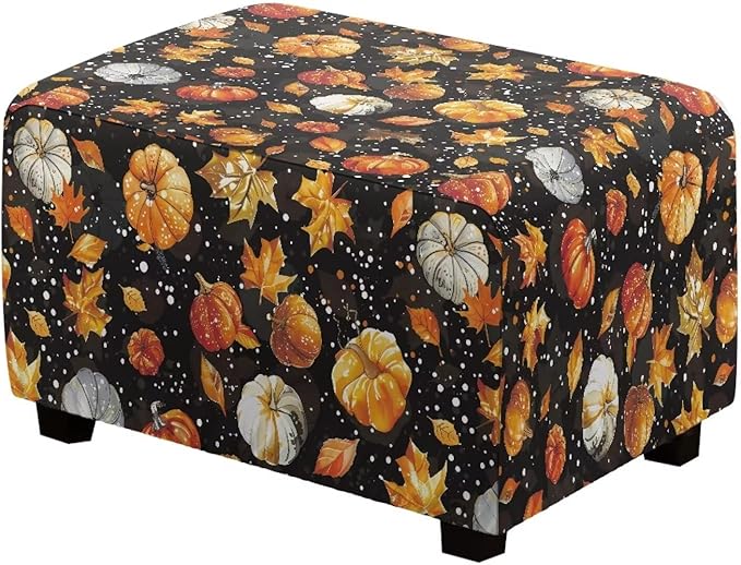 Fall Maple Leaves Pumpkin Rectangle Ottoman Cover Machine Washable Stretchable Slipcover with Elastic Edge for Rectangular Footstools, Thanksgiving Decor 30" L x 24" W x 15" H