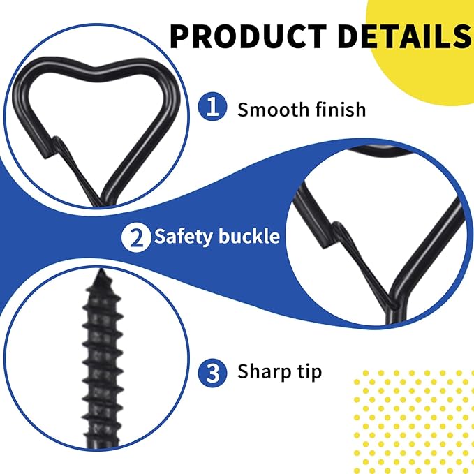 Hooks for Hanging - Ceiling Hooks for Outdoor Decor, Metal Key Hook, Decorative Plant Hanging, Clothes Hook, Heart-Shaped Screw Hooks Easy Installation (Black, 10Pcs)