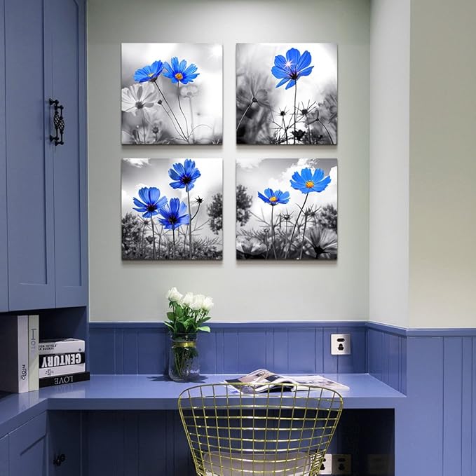 Canvas wall art for kitchen Simple Life Black and white landscape cyan blue flowers wall Decor for bedroom Artwork 12" x 12" 4 Pieces Framed Canvas Prints Ready to Hang or living room Home Decoration