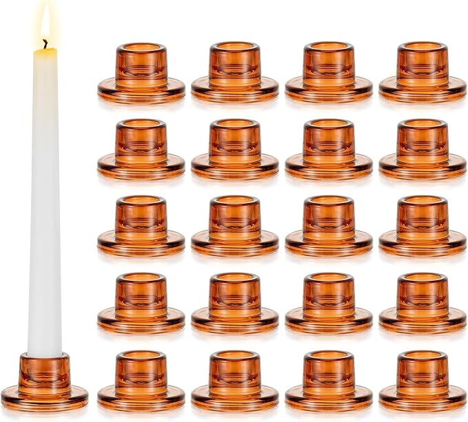 Glasseam Glass Tapered Candlestick Holders: 20Pcs Small Taper Candle Holders Bulk Amber Candle Stick Holder Decor Short for Table Centerpiece Thanksgiving Fall Dining Party Decor Christmas