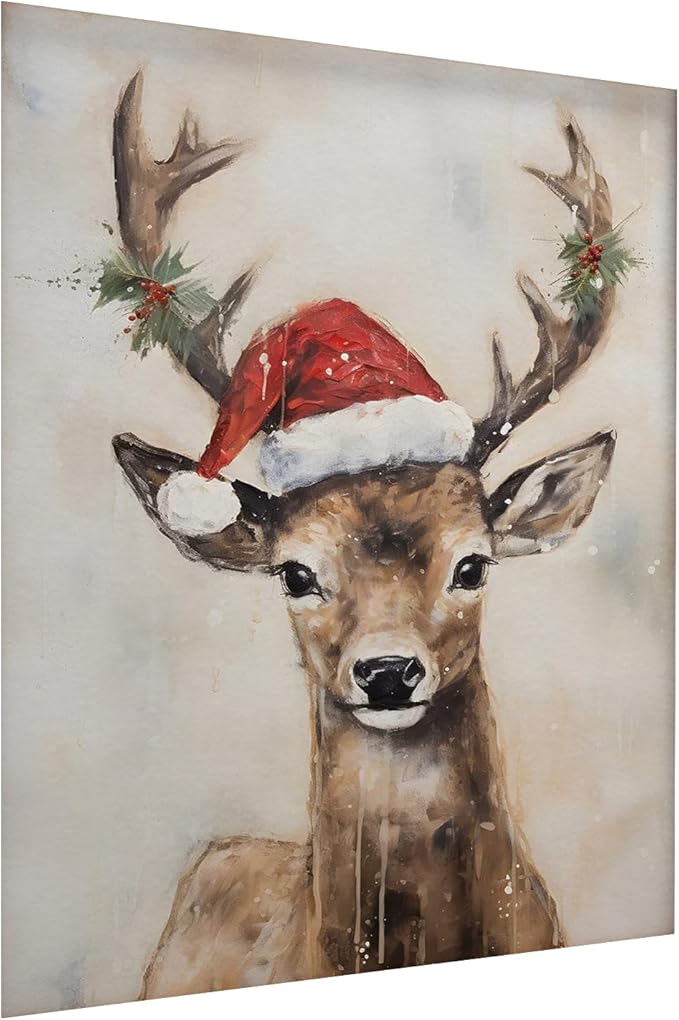 Christmas Reindeer Wall Art-Reindeer In Santa Hat Poster,Deer Painting,Christmas Reindeer Poster, Reindeer Still Life Painting, Vintage Holiday Art, Winter Farmhouse Decor24x36inch Unframed