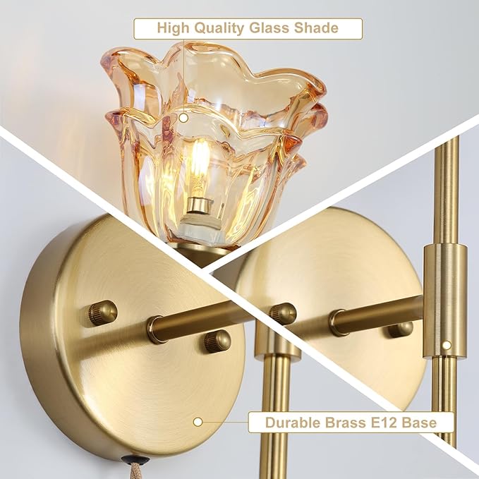 2 Pack Plug in Gold Wall Sconce with Modern Amber Glass Shades, Modern Mid Century Bathroom Vanity Wall Light Fixtures, Industrial Brushed Brass Wall Lamp, for Bedroom Mirror Living Room