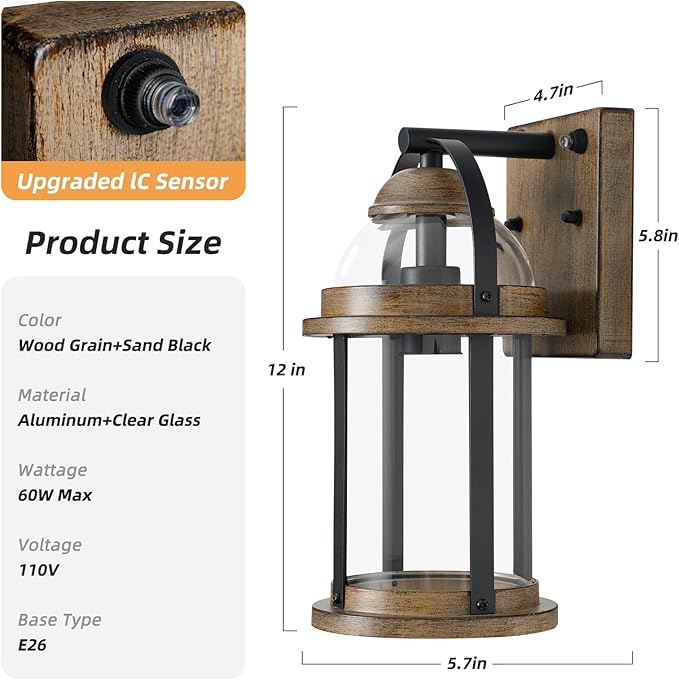 OKELI Dusk to Dawn Outdoor Wall Lights, Waterproof Lighting Fixtures Rustic Farmhouse Wall Lanterns with Clear Glass Shades Anti-Rust Outside Lights for Garage Patio Porch(Wood Grain, 1 Pack)