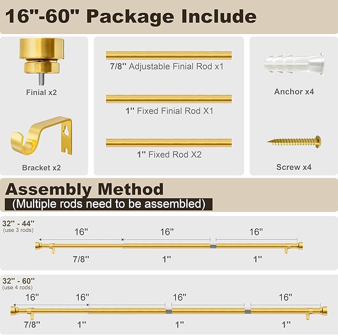 PORTRES Modern Gold Heavy Duty Curtain Rods for Windows 28 to 48 Inches Adjustable Length 1" Diameter Curtain Rod with Farmhouse Decorative Finials for Outdoor Bedroom Kitchen Living Room