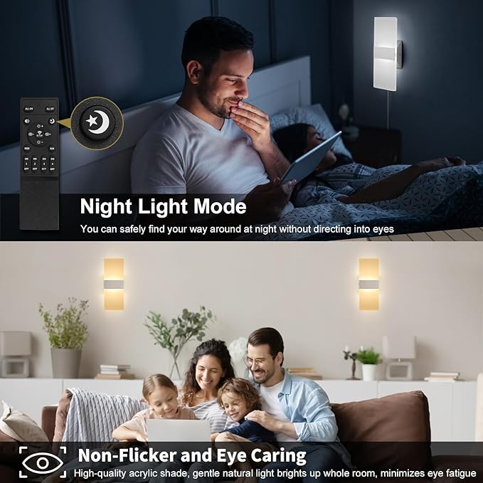 Plug in Wall Sconces with Stepless Adjustable 3000K-6500K Colors and 10%-100% Brightness, Sconces Wall Lighting with Remote Control 12W Acrylic LED Wall Lamp with 6FT Plug in Cord, 2 Pack